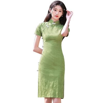 青绿色旗袍小清新棉麻年轻款少女