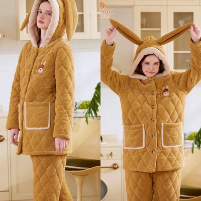 兔耳朵女士家居服加绒睡衣