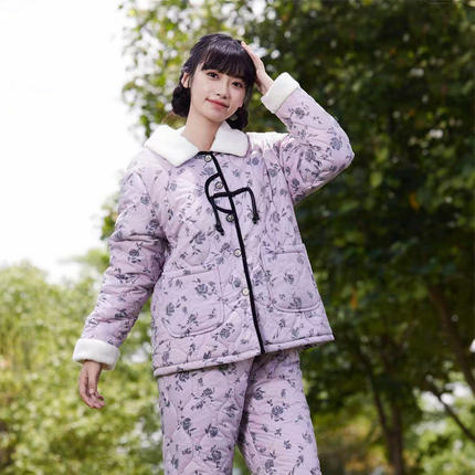 韩蜜蜜冬款女士羽绒棉加厚加绒碎花修身柔软夹棉睡衣家居服702761