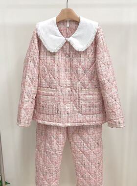 卡路曼 冬季女士千鸟格小香风加厚夹棉加绒保暖睡衣家居服套55654