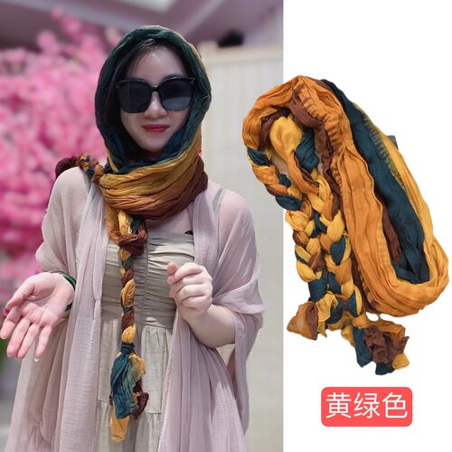 2025新款春夏渐变压皱辫子头巾女洋气百搭遮阳防晒丝巾帽旅行拍照