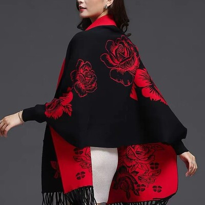 秋冬新款斗篷式流苏披肩外套女宽松针织开衫百搭加厚仿羊绒外搭