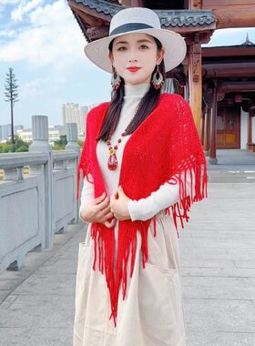 2025春夏新款流苏针织披肩围巾女百搭时尚保暖镂空两用坎肩纯色