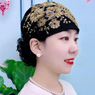 2025秋季新款凤尾花盘花帽女百搭气质透气遮白发包头帽蕾丝束发帽