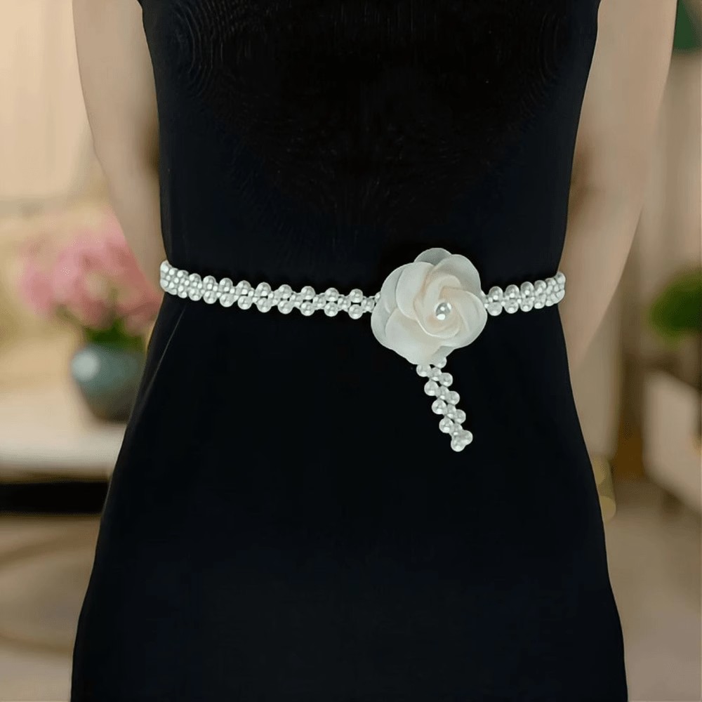 2024夏季新款山茶花珍珠项链腰链女气质百搭配连衣裙装饰弹力腰带