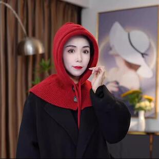 2025秋冬新款 针织绵羊毛帽子女百搭护颈保暖纽扣围巾一体连帽围脖