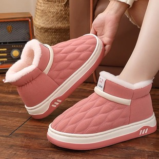 高帮保暖鞋 女厚底加绒室内亲子款 男外穿 皮面防水棉鞋 高包跟棉拖鞋