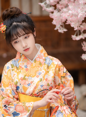 日式和风浴衣黄色小扇子可爱少女日系改良和服樱花季约拍写真服