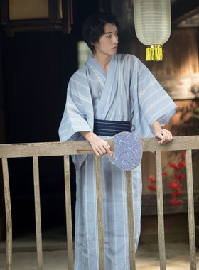 男款 日式传统和服正装浴衣 淡蓝色条纹 温泉泡汤服日本旅行写真