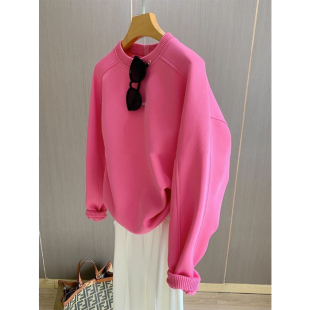 大码 圆领印花ins百搭薄上衣潮 加厚加绒玫红色卫衣女2023秋冬新款