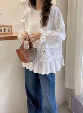 200斤大码2025春季新款钩花下摆拼接白色打底衫女内搭长袖T恤上衣