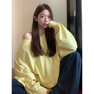 简约斜领露肩纯色长袖 新款 卫衣遮肉显瘦套头上衣女 秋季 200斤大码