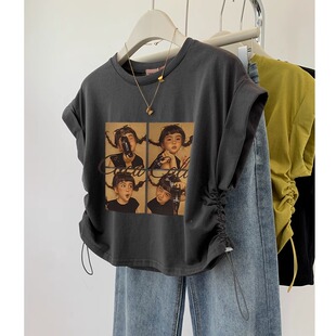 T恤女夏抽绳收腰小众设计感上衣 复古风印花短袖 200斤特大码 小飞袖