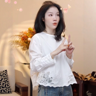 韩版 洋气打底衫 时尚 T恤女2026新款 上衣 气质蕾丝拼接长袖 200斤大码