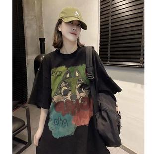 200斤大码女装卡通印花短袖t恤女秋冬新款宽松套头圆领半袖上衣潮