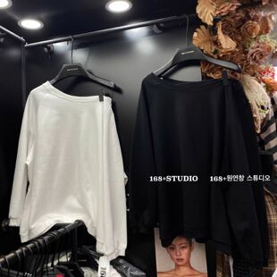 宽松大码 爆款 春秋纯色斜肩上衣 露肩套头卫衣女2025新款 200斤大码