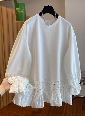 200斤大码白色镂空蕾丝钩花卫衣女2025新款宽松圆领打底衫上衣春