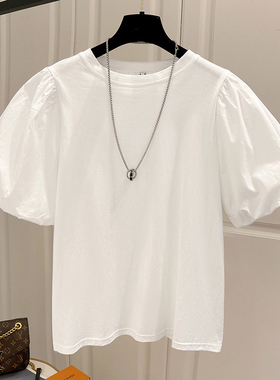 2022大码新款韩版白色圆领泡泡袖短袖t恤ins潮薄款短款女上衣夏季