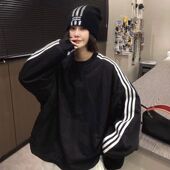 宽松显瘦长袖 200斤大码 欧货拼接三条杠圆领卫衣女2025秋新款 上衣