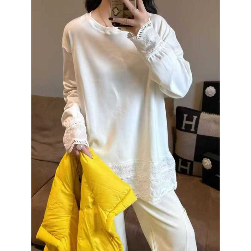 200斤大码2025秋冬季新款韩版圆领拼接缕空钩花宽松长袖T恤上衣女
