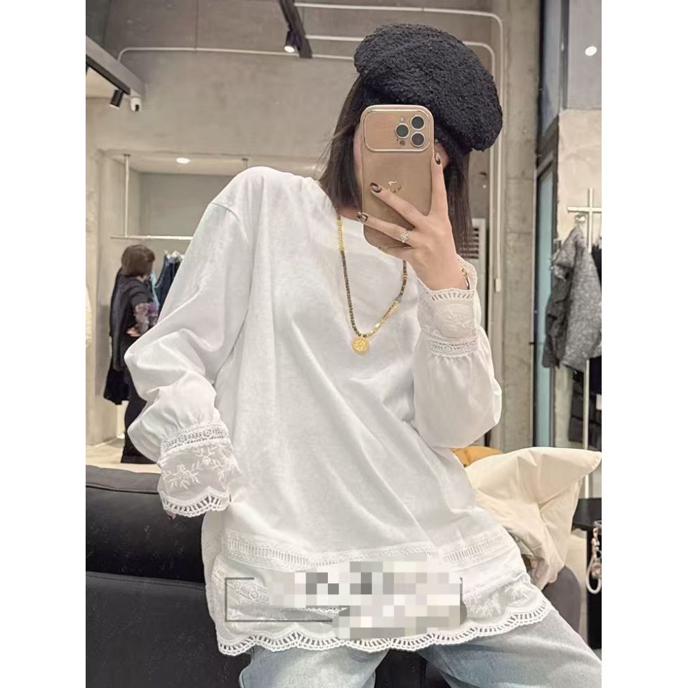 200斤大码韩版2025春季新款套头蕾丝花边拼接百搭打底衫T恤长袖女