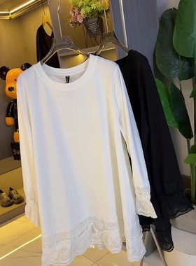 200斤气质白色蕾丝拼接上衣中长款设计长袖女装2025春秋冬季新款