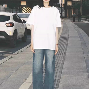 夏纯色宽松百搭设计感简约中长款 t恤女2026新款 上衣 短袖 200斤大码