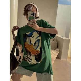 oversize宽松复古印花t恤女夏 设计感破洞唐老鸭短袖 200斤大码 美式