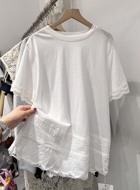 200斤大码欧货蕾丝花边拼接白色短袖T恤女25春夏新款显瘦打底上衣