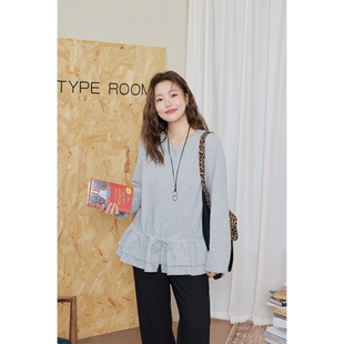 200斤大码胖MM2026春季新款韩系蛋糕裙摆长袖T恤抽绳收腰上衣女