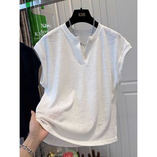 薄款 特大码 T恤女夏季 极简风V领短袖 宽松显瘦白色上衣ins 240斤法式