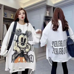 300斤秋季特大码卡通印花中长款薄款长袖卫衣女破洞设计冬季上衣