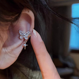 轻奢无耳洞耳骨夹流苏星星耳饰潮 E15耳圈超闪锆石蝴蝶耳夹女时尚