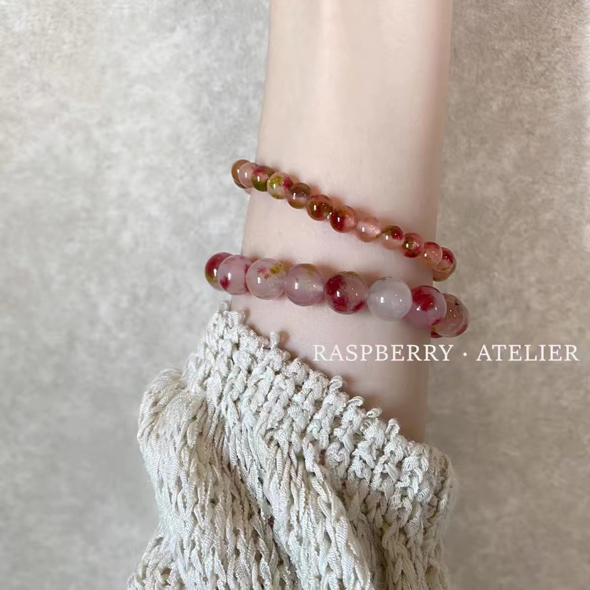 G04raspberry绝美复古晶粉晕染串珠手链 天然石叠戴小众复古手串