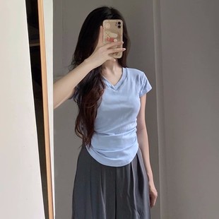 上衣 v领正肩t恤短袖 女夏季 纯棉弧形下摆设计感修身 不规则收腰短款