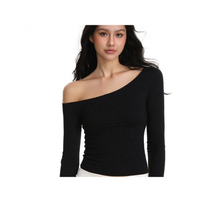 2025冬天美式基础纯色露肩长袖女秋季收腰显瘦设计感辣妹斜肩上衣