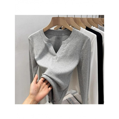 2025冬天95棉春秋季新款V领长袖打底衫女百搭修身内搭正肩T恤上衣