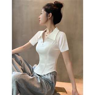 辣妹弧形下摆显瘦上衣 2025新款 欧货白色polo领鱼骨短袖 t恤女夏季