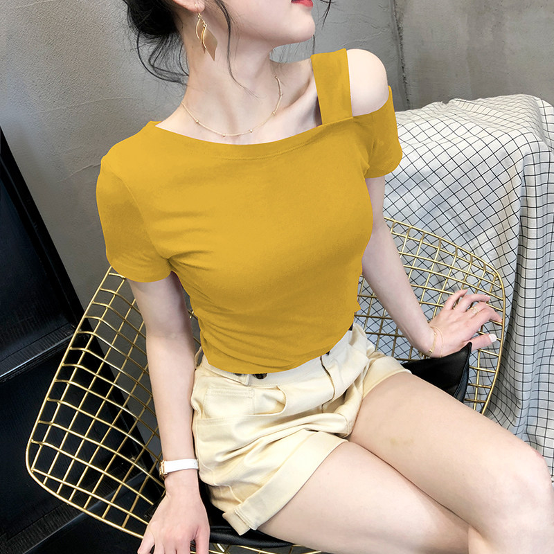 2025夏季纯棉圆领短袖T恤女新款露肩一字领设计性感美背半袖上衣