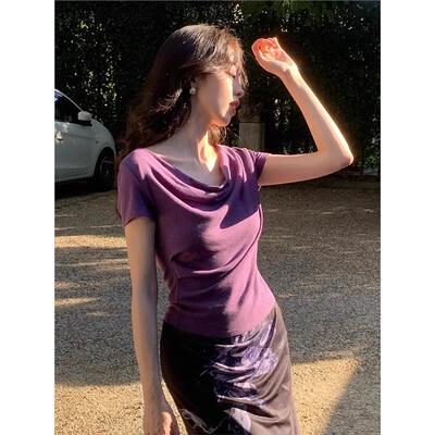 紫色不规则修身荡领一字领短款上衣女夏季设计感小众正肩短袖t恤