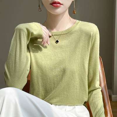 2025新款精纺毛衫女圆领短款宽松长袖白色T恤春薄款针织打底小衫