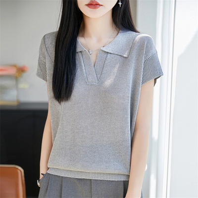 冰丝亚麻半开领落肩袖夏季打底衫女气质POLO翻领宽松包肩T恤上衣