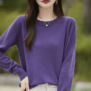 2024秋冬加厚纯棉圆领针织衫女短款套头打底毛衣时尚百搭休闲上衣