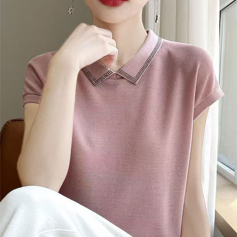 烫钻POLO翻领短袖T恤女2025夏薄冰丝针织宽松显瘦小衫上衣t恤新款
