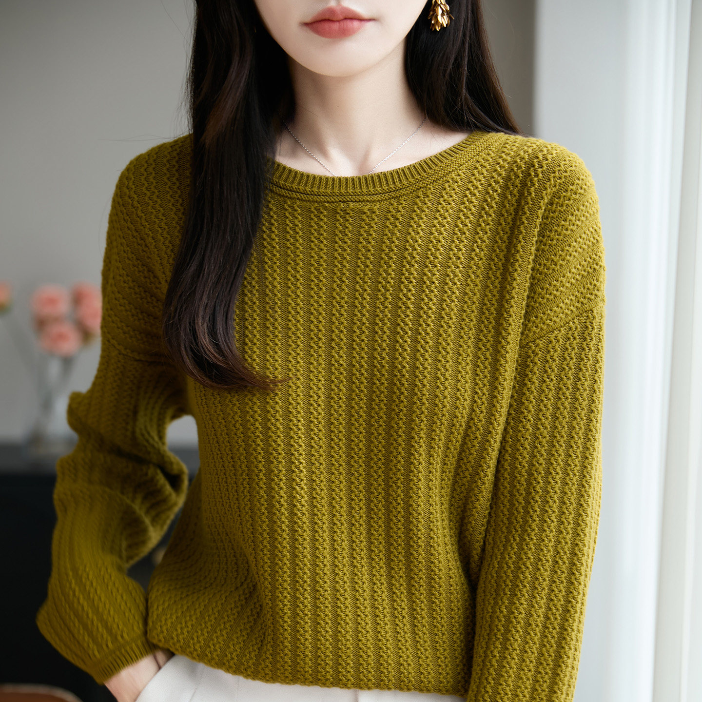 法式设计感100纯棉线打底针织衫女2025新款重磅加厚保暖宽松毛衣