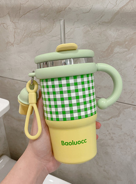 高颜值咖啡保温杯新款2026双饮水杯女生大容量把手带吸管随行杯子