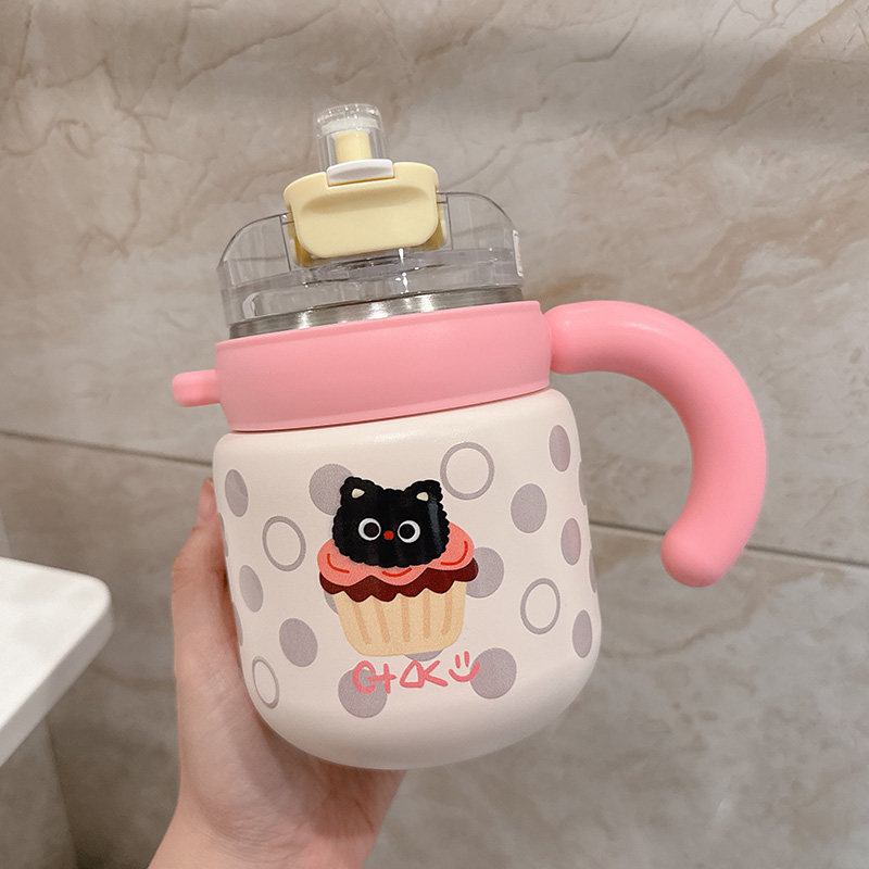 陶瓷内胆316不锈钢保温杯女可爱卡通吸管办公杯带把手大容量水壶