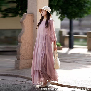 梅子家2025春夏复古禅意圆领斜襟盘扣灯笼袖苎麻开叉中长款连衣裙