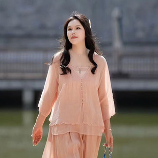 2026夏季纯苎麻V领花边喇叭袖小衫女款显瘦减龄百搭短款开衫上衣