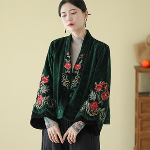 炫织梦冬季新款雪尼尔棉衣女V领盘扣时尚刺绣喇叭袖棉服外套外搭